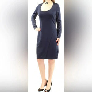 Lauren Ralph Lauren Navy Blue Sheath Knee Length Long Sleeve Scoop-Neck Dress